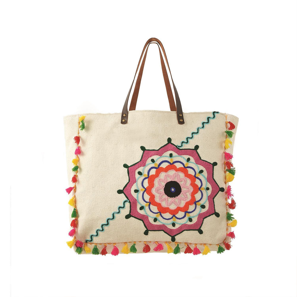 Crewel Embroidery Canvas Tote w/ Tassels and Leather Handles