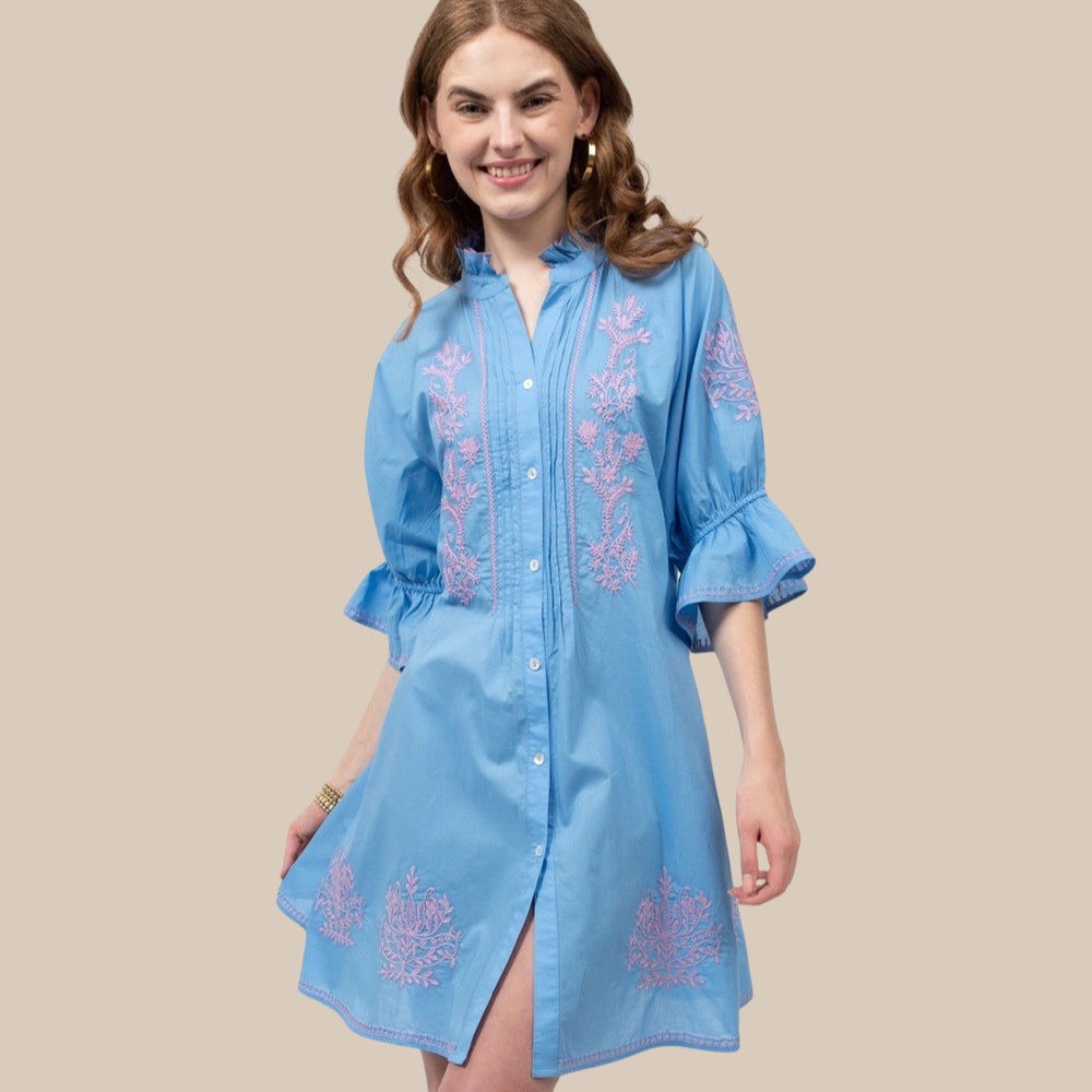 Blue Embroidered Fit and Flair Dress