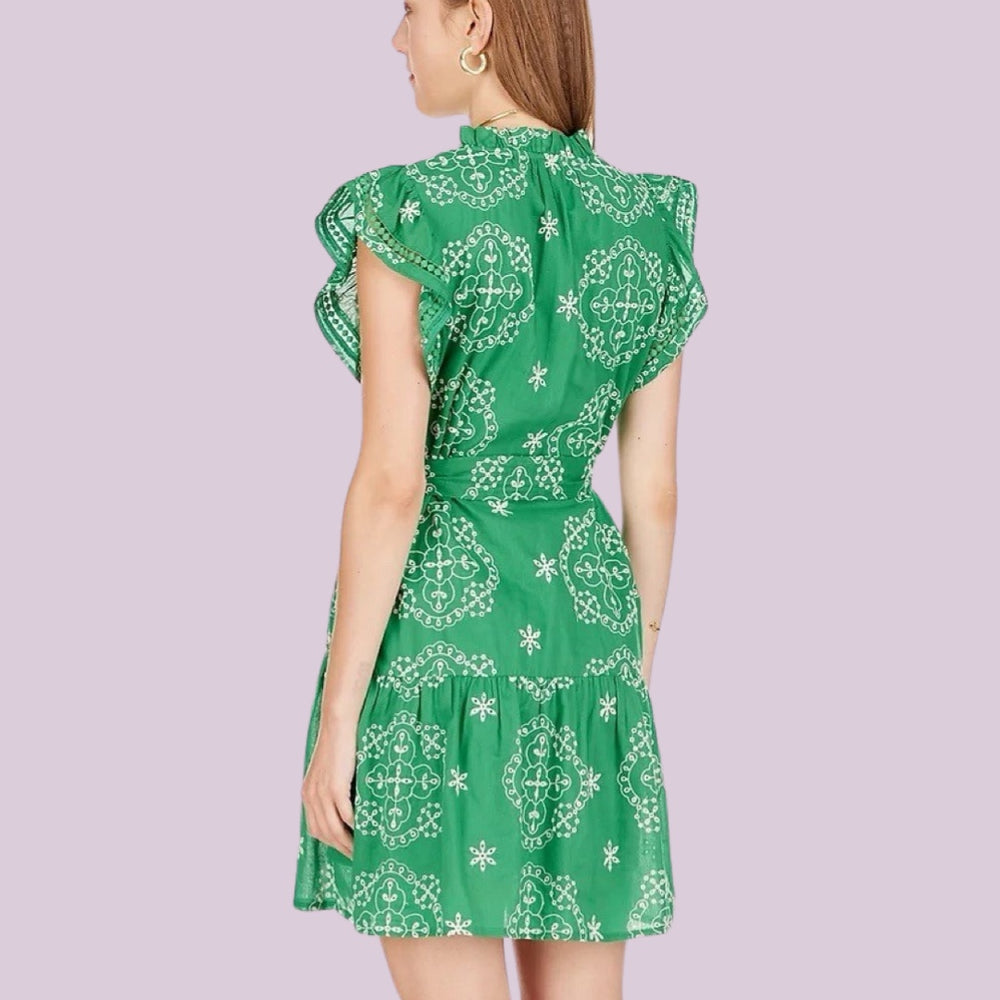Green Tie Front Trim Tiered Dress