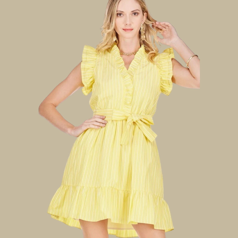 Yellow Stripe Ruffles Around Dress