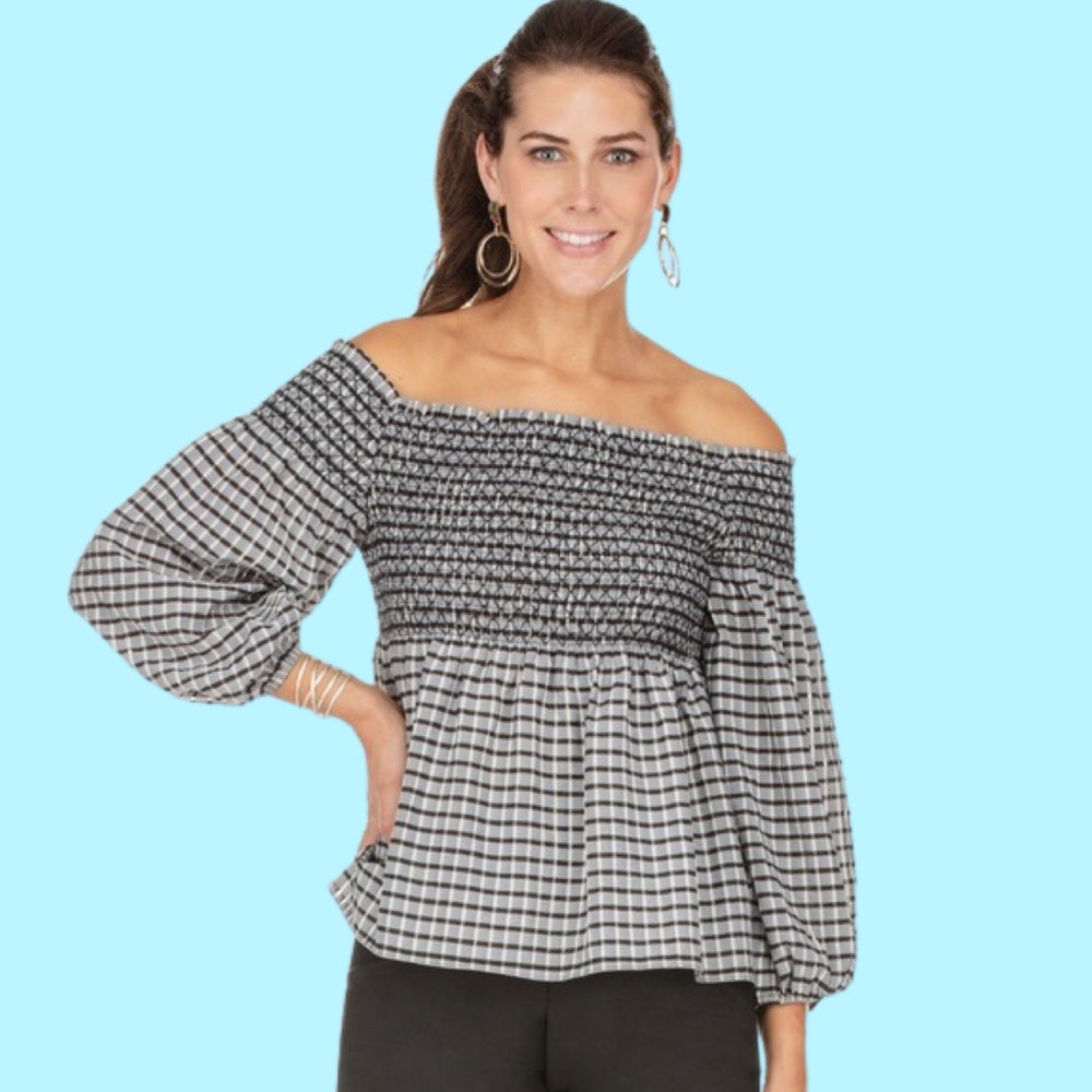 Black Checkered Smoked Off Shoulder Top