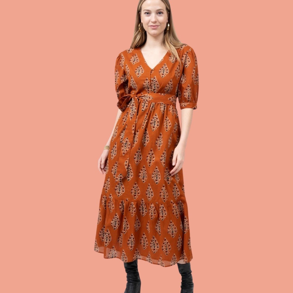 Copper Block Print Midi Dress