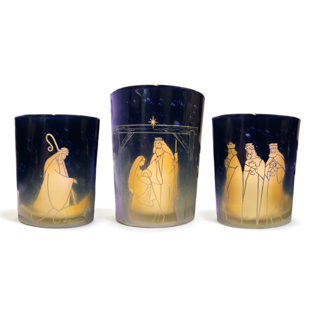 
            
                Load image into Gallery viewer, Nativity Scene Set of 3 Gold Metallic Candleholders
            
        