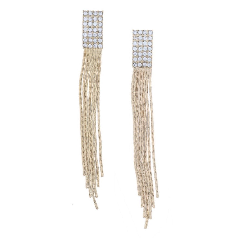 CRYSTAL PAVÉ RECTANGLE POST WITH GOLD FRINGE EARRINGS