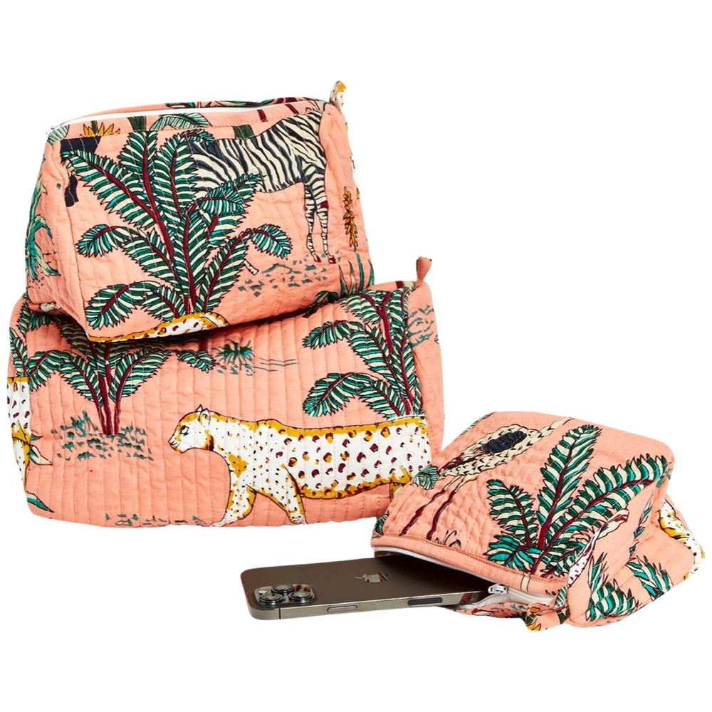 Pink Hand Block Printed Cosmetic and Accessory Bags