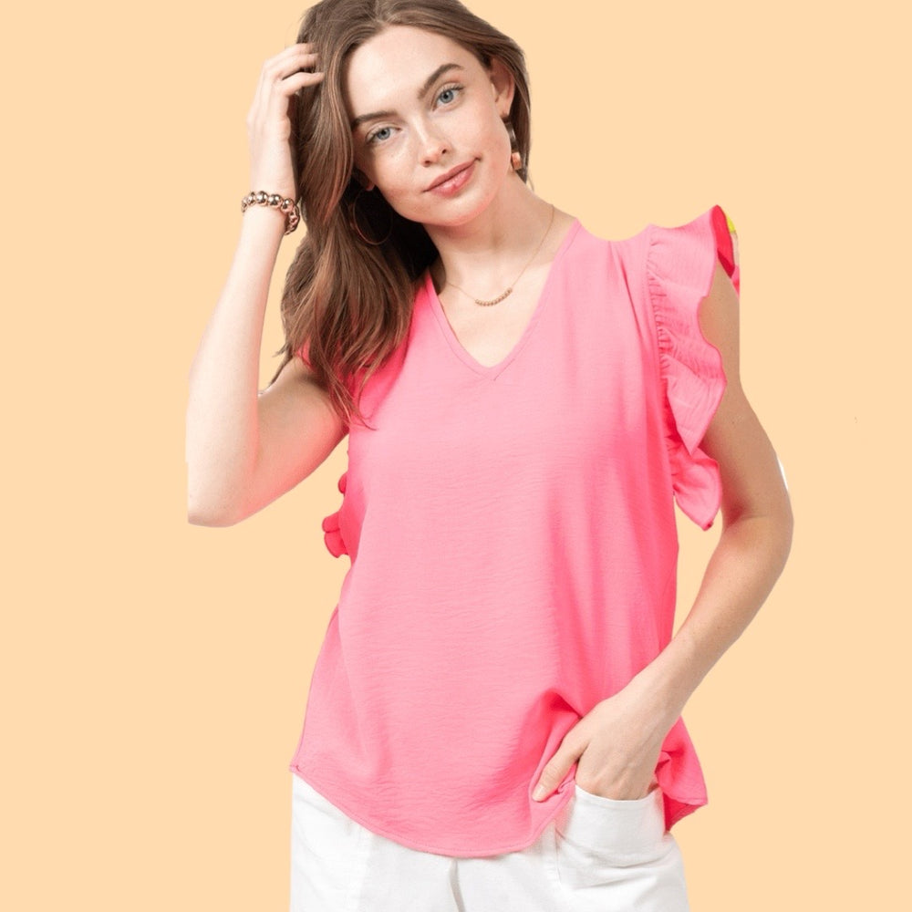 Neon Pink V-Neck Ruffle Top
