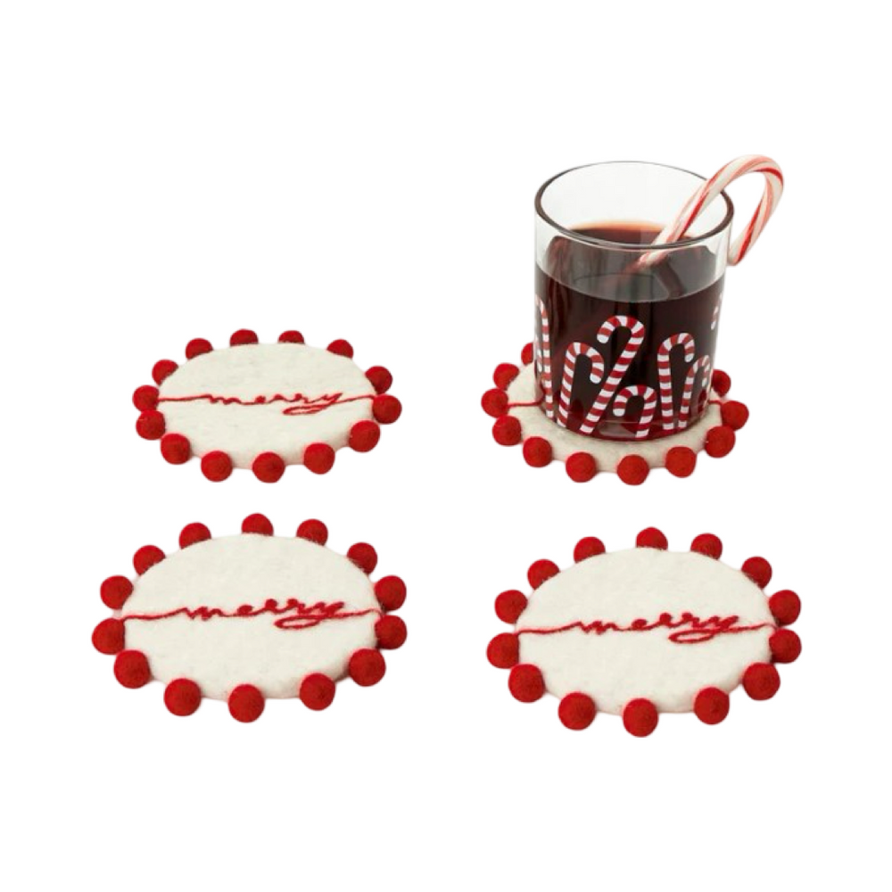 Set of 4 Hand-Crafted Felt Coasters with Pom Poms