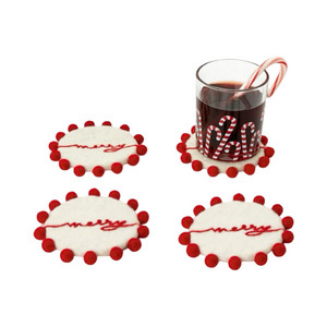 Set of 4 Hand-Crafted Felt Coasters with Pom Poms