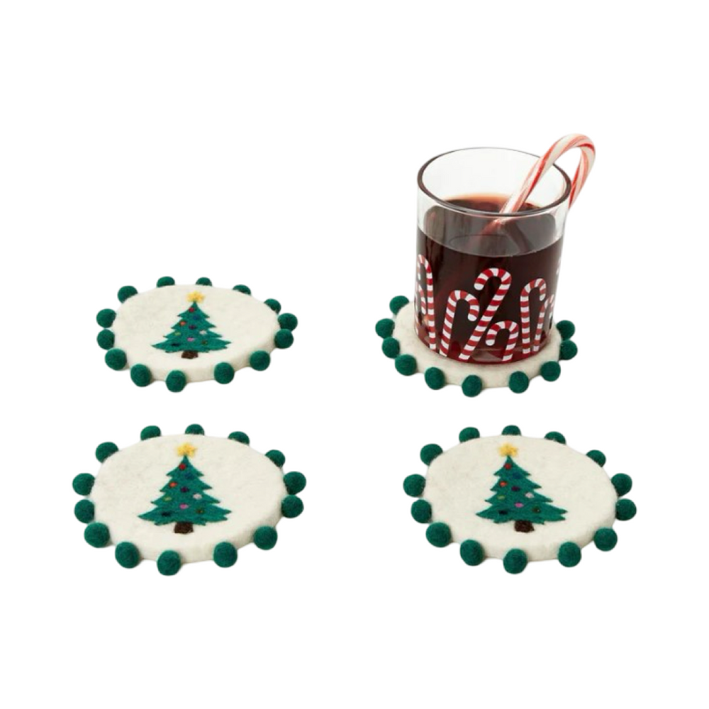 Set of 4 Hand-Crafted Felt Coasters with Pom Poms