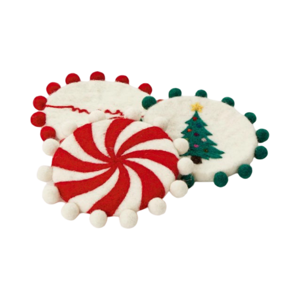 Set of 4 Hand-Crafted Felt Coasters with Pom Poms