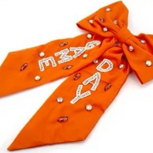 Orange Game Day Bow with White Beaded and Crystal Accents