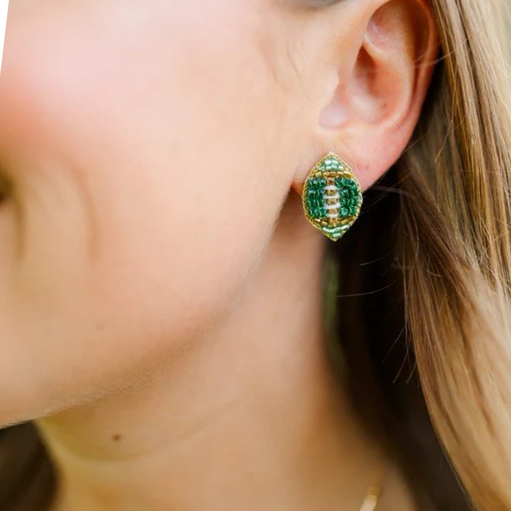 Beaded Green and Gold Football Studs