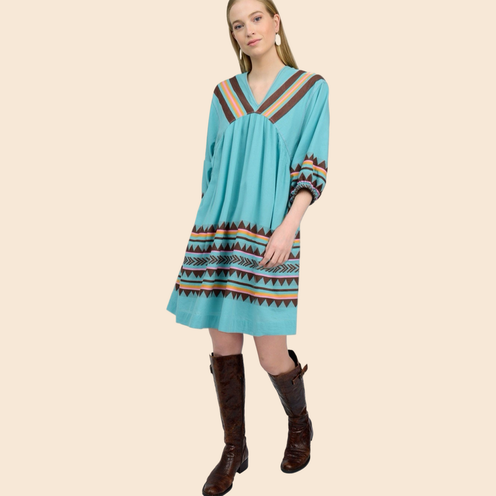 Turquoise and Brown Design Dress – Maripoza Boutique Turquoise and Brown Design Dress – Maripoza Boutique