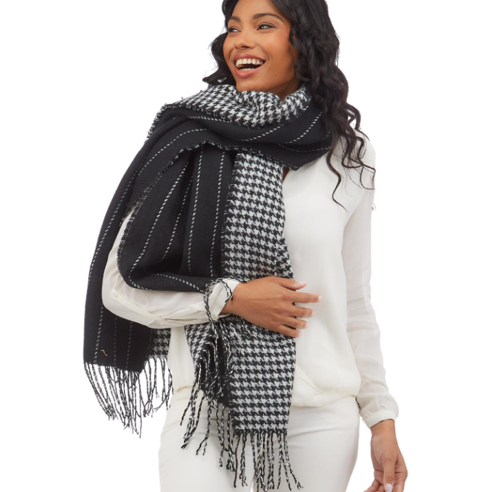 "Taking Sides" Black/White Reversible Scarf/Shawl with Tassels