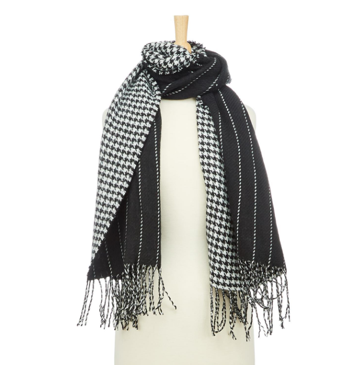 "Taking Sides" Black/White Reversible Scarf/Shawl with Tassels