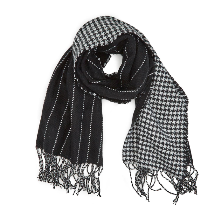 "Taking Sides" Black/White Reversible Scarf/Shawl with Tassels