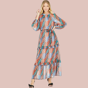 Geo Stripe Ruffle Trim Column Dress