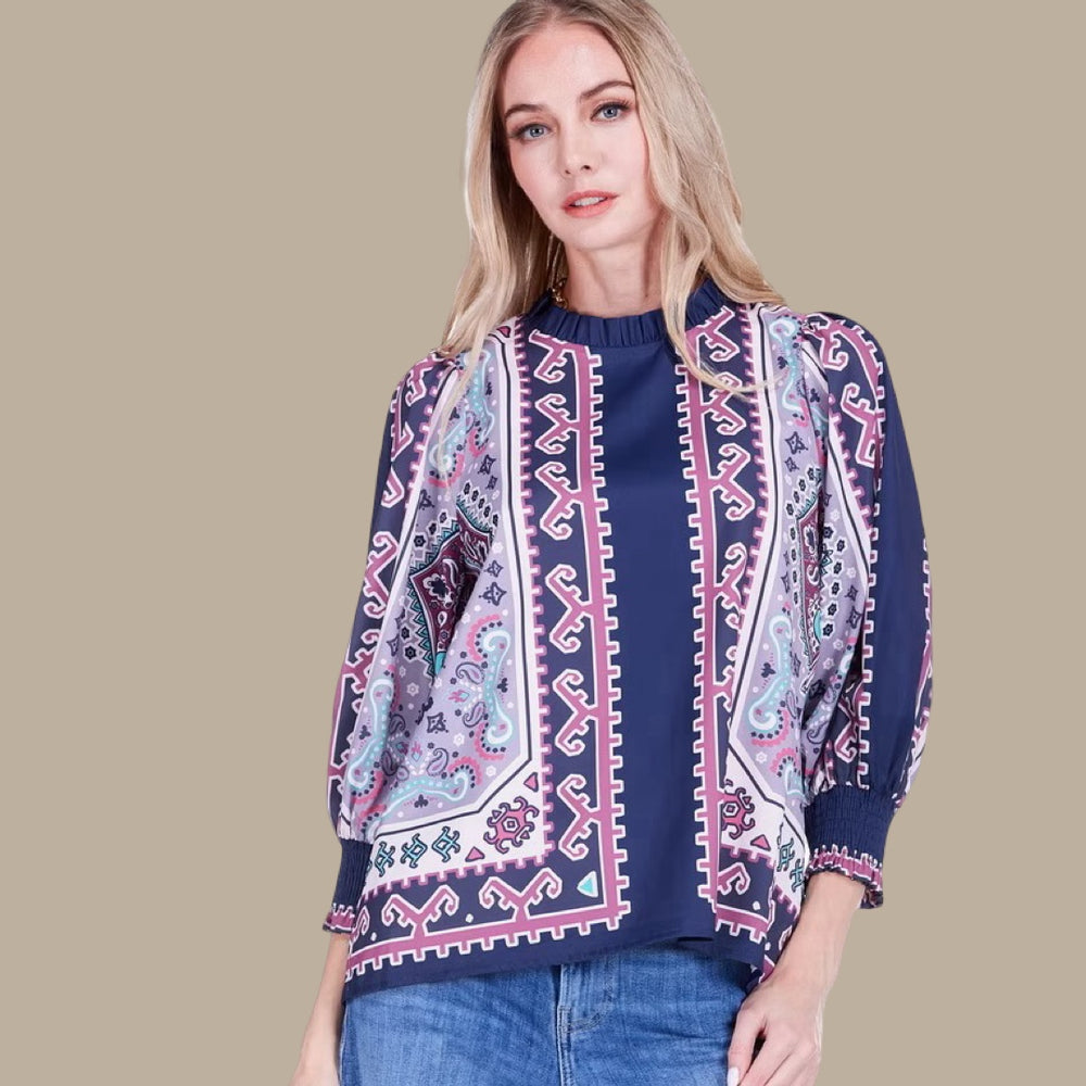 The Blue Hues Mosaic High-Neck Blouse