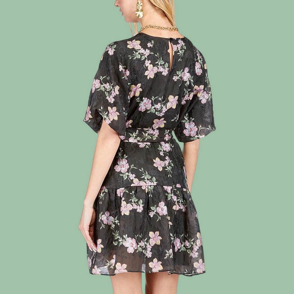 Midnight Floral Ruched Shoulder Dress