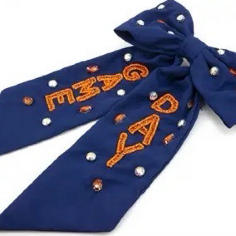 Navy Game Day Bow with Orange Beaded and Crystal Accents