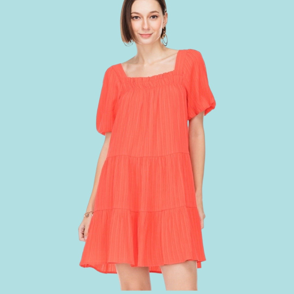 Tangerine Puffy Sleeve Tiered Dress