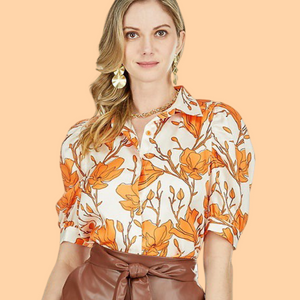 Orange Lilies Puff Sleeves Blouse