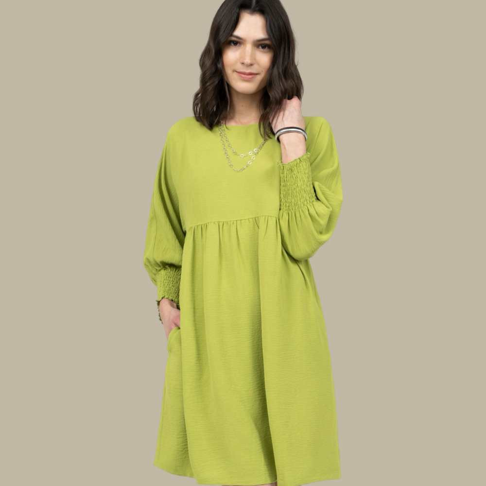 Lime Shirred Sleeve Dress