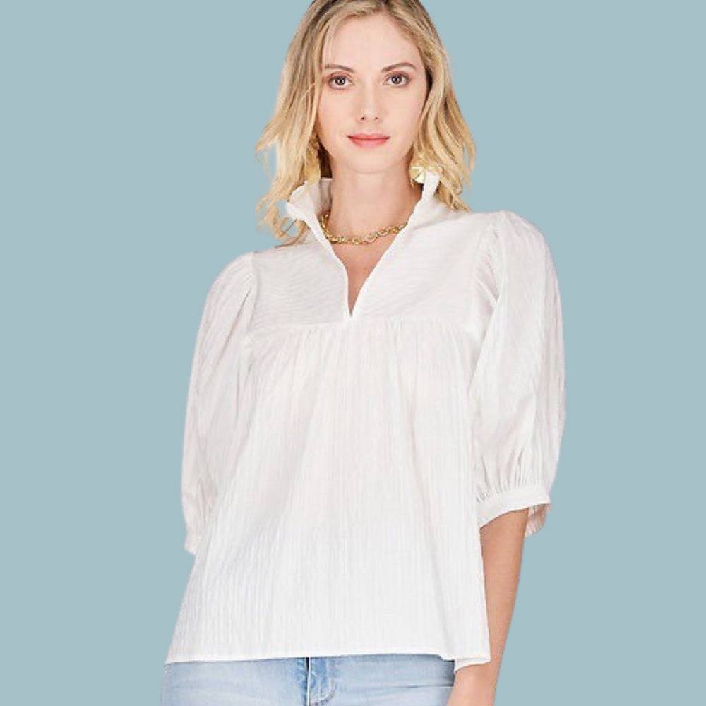 White High Neck Puff Sleeve Top