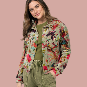 Sage Bird Print Velveteen Jacket