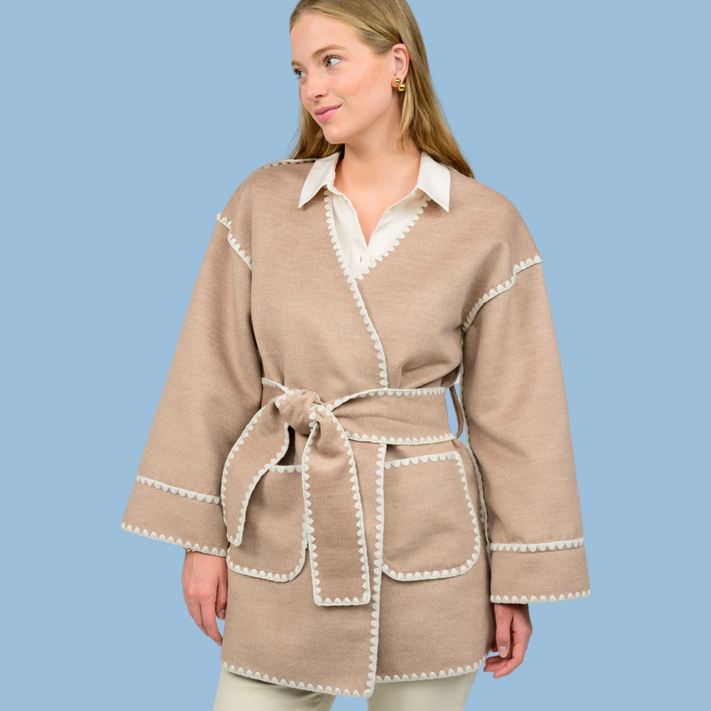 Taupe Whipstitched Wrap Coat