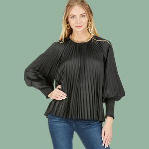 Black Pleated Bishop Sleeve Top