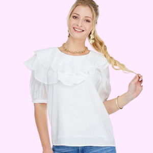 White Flutter Neck Top