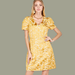 Gold Foil Pattern V-Neck Gathers Sleeve Dress