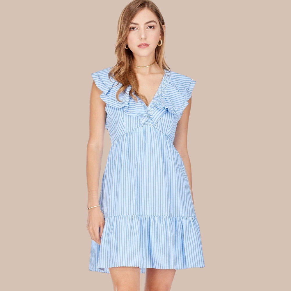 Blue Stripe V-Neck Ruffle Dress