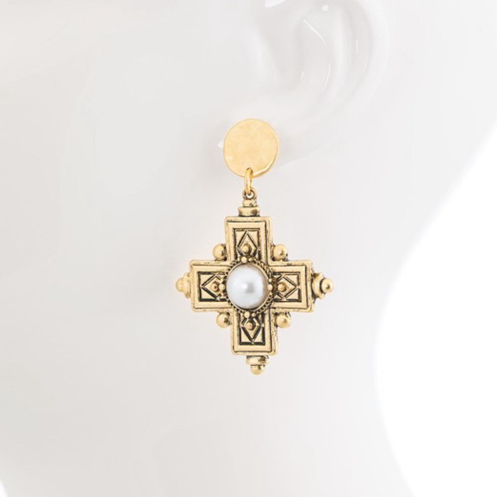 The Faye Metal and Pearl Cross Drop Earrings