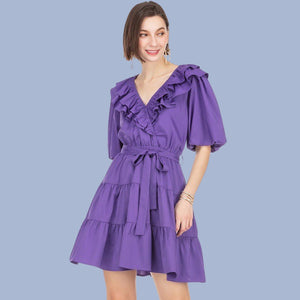 Purple Ruffle Faux Wrap Dress