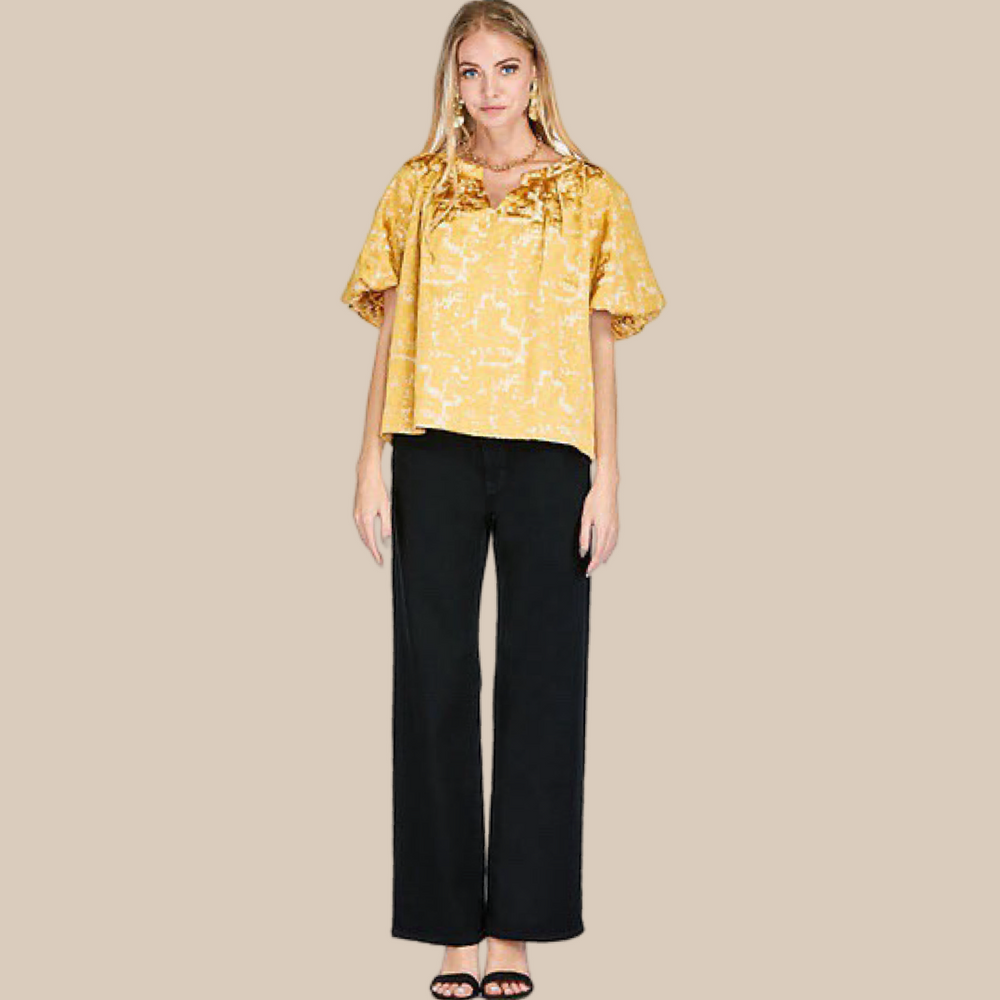 Gold Foil Pattern Pleated Puff Sleeve Top