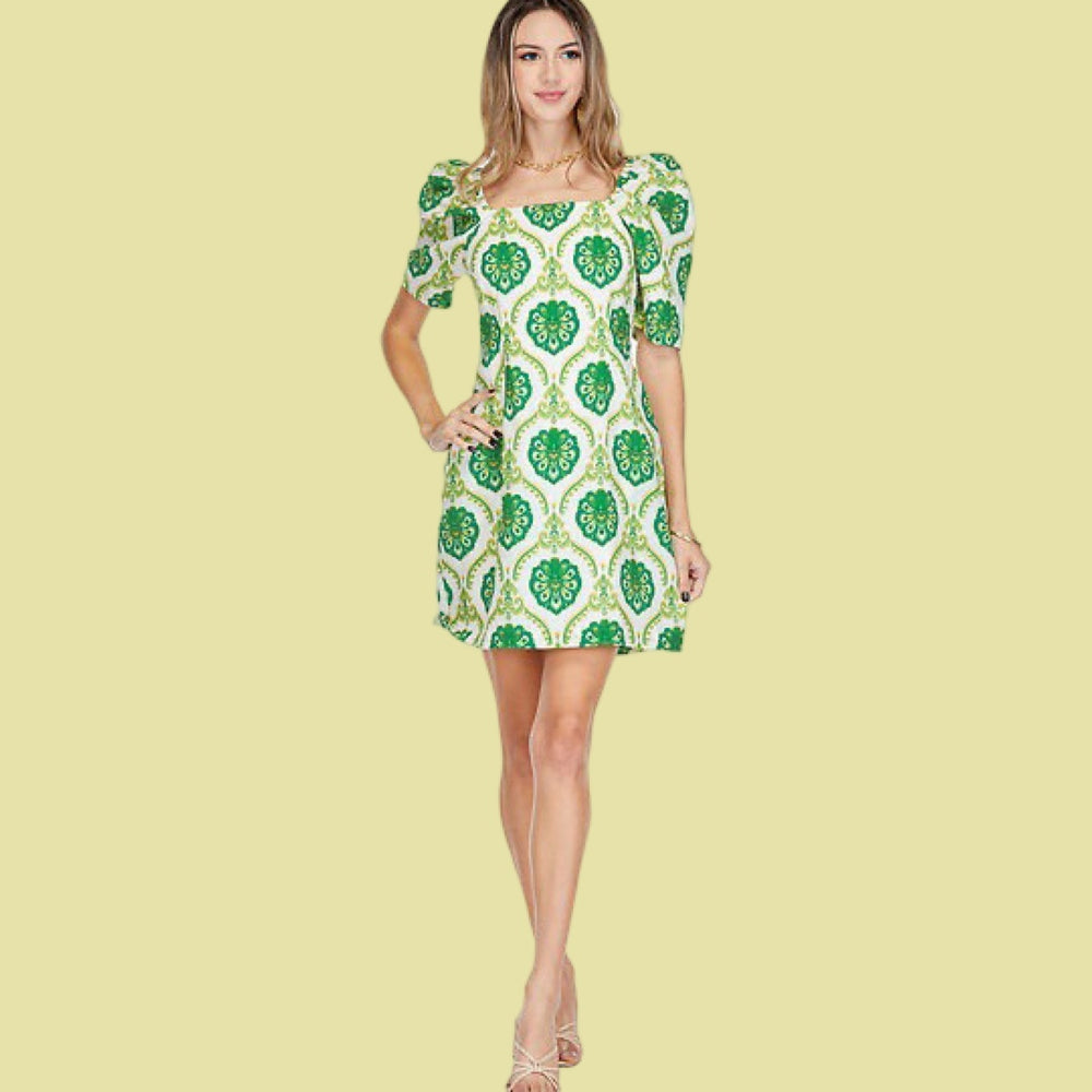 Green Motif Fitted Dress