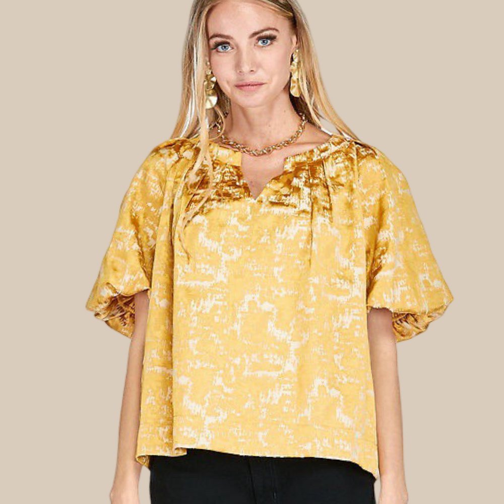 Gold Foil Pattern Pleated Puff Sleeve Top