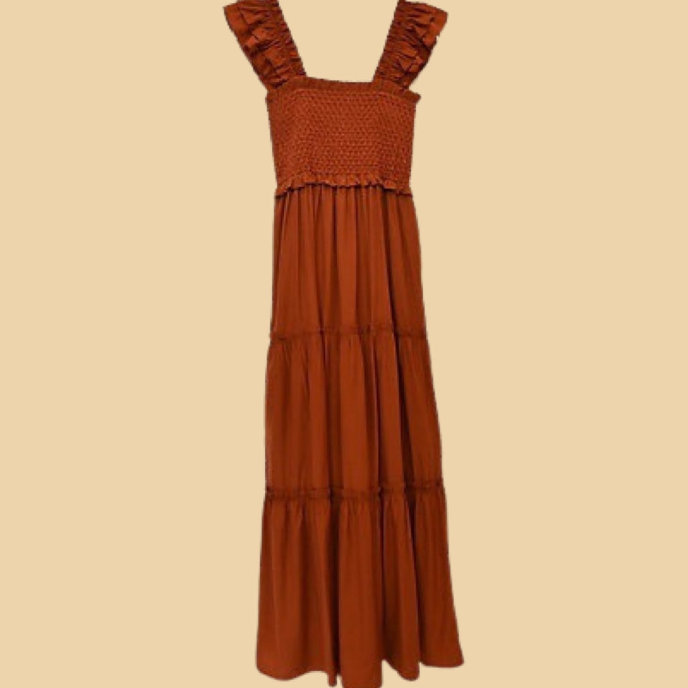 
            
                Load image into Gallery viewer, Burnt Orange Napkin Smocked Maxi Dress
            
        