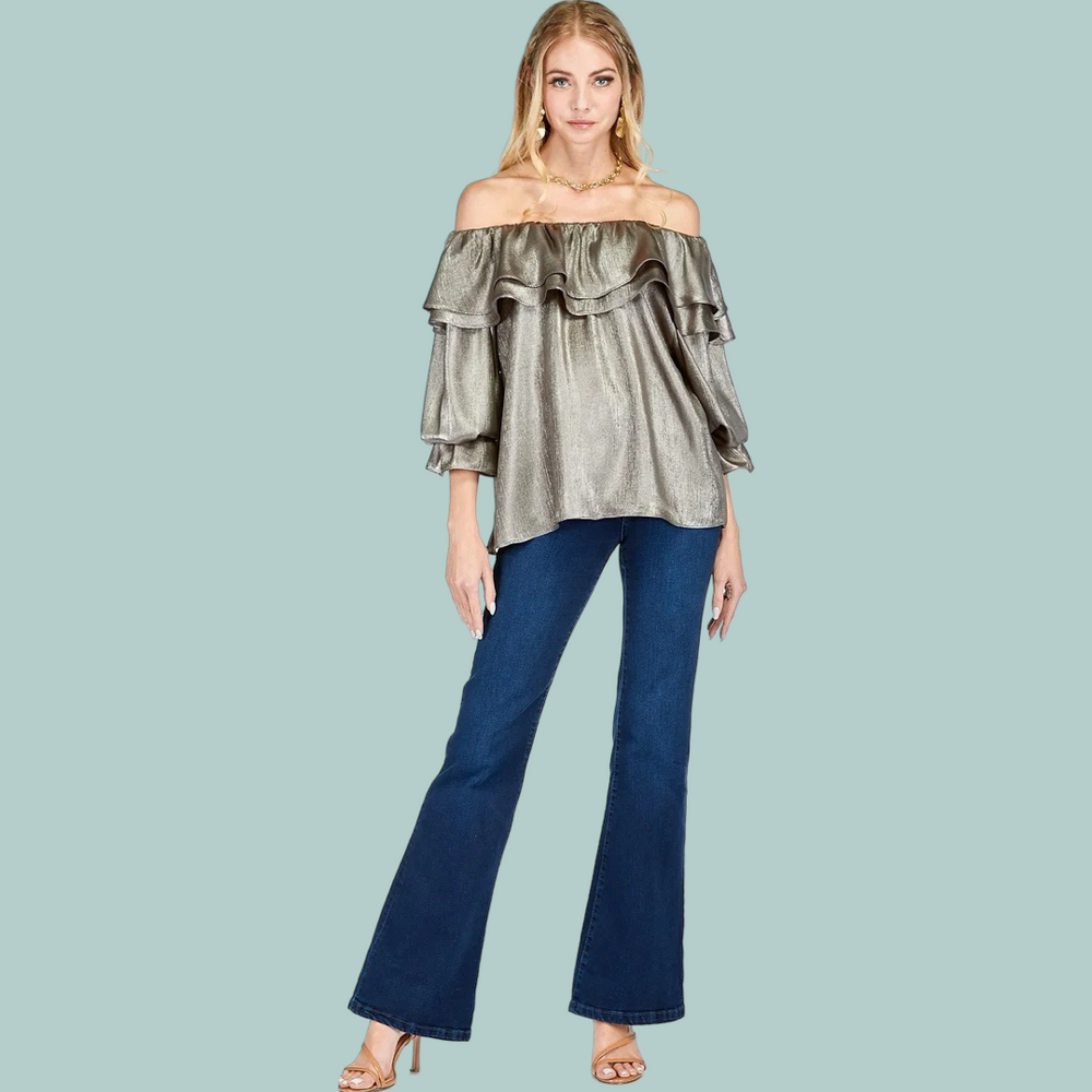 Metallic Stone Ruffles Shoulder Top