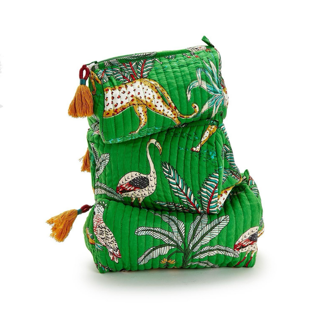 Happy Tropical Island Motif Hand Block Printed Cotton Quilted Cosmetic and Accessory Bag