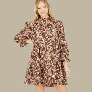 Brown Bloom Corduroy Tiered Dress