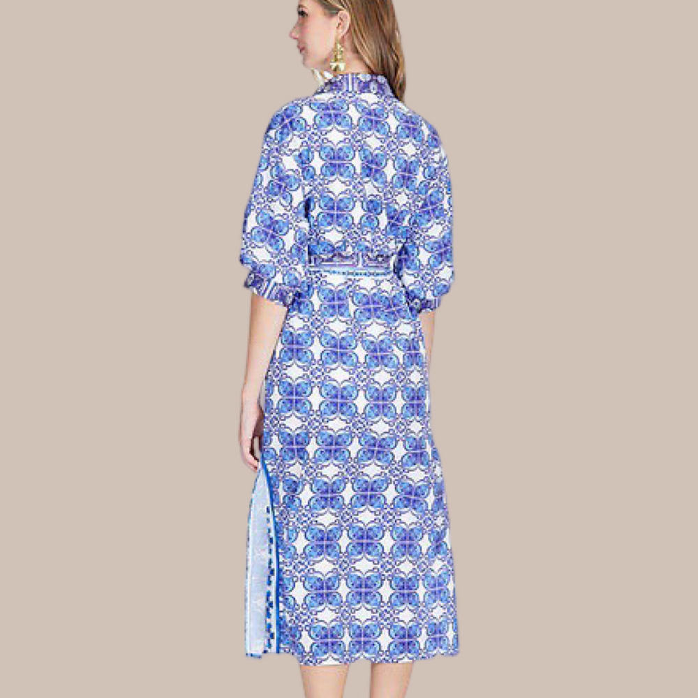 Blue Damask Maxi Shirt Dress