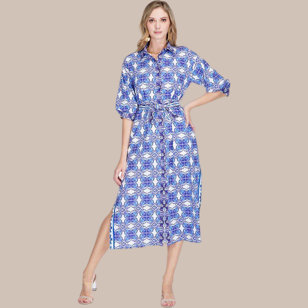 Blue Damask Maxi Shirt Dress