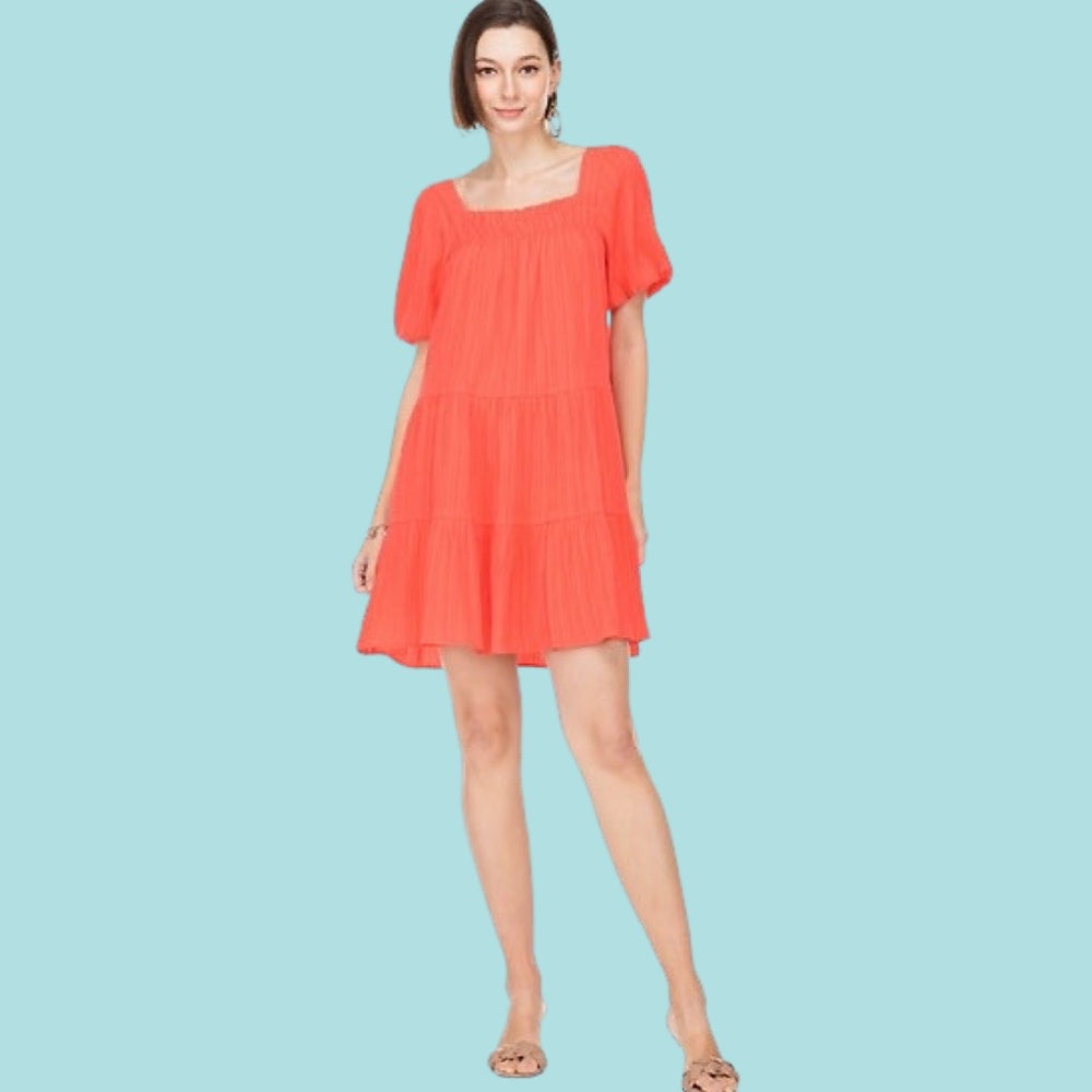 Tangerine Puffy Sleeve Tiered Dress