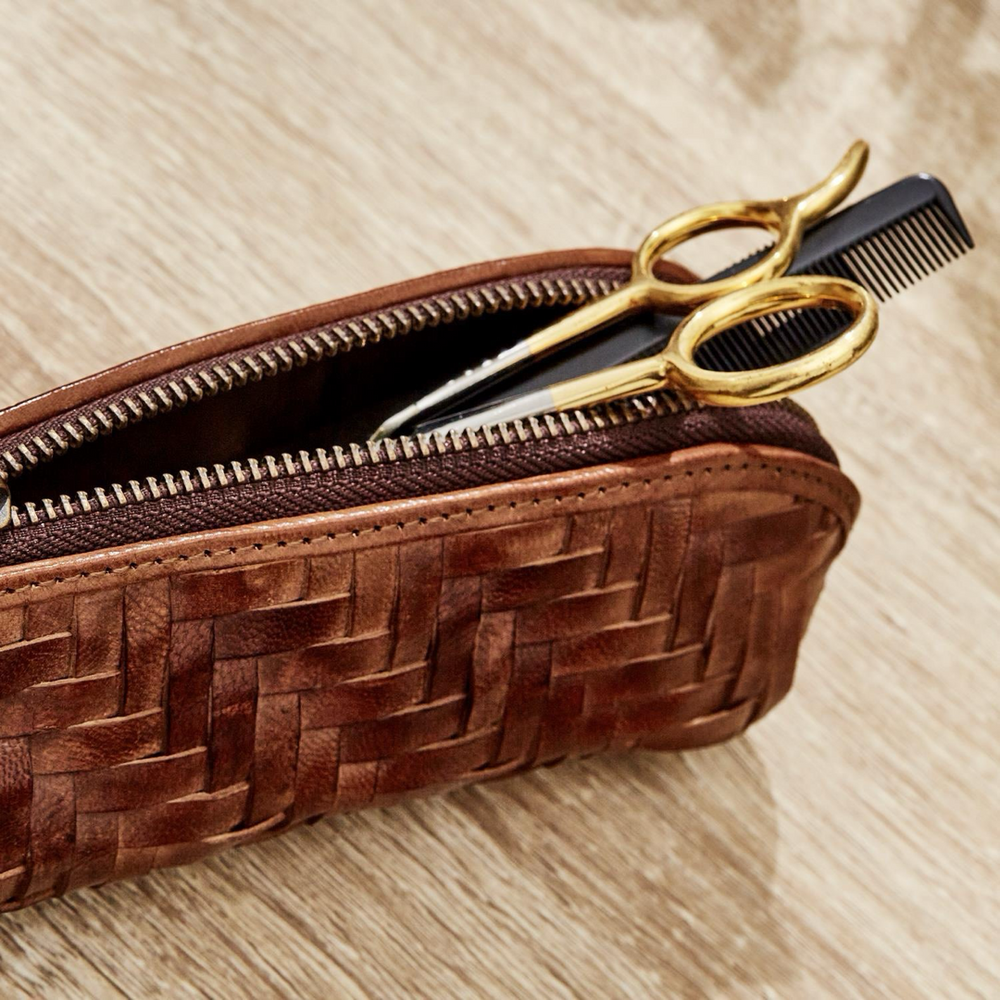 Chestnut Woven Leather Pencil Pouch Case