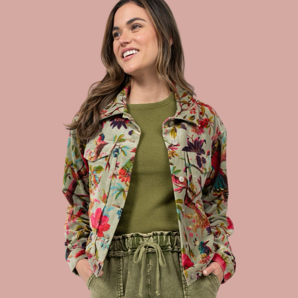 Sage Bird Print Velveteen Jacket