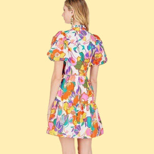 Tropical Floral Puff Sleeve Button Tier Dress