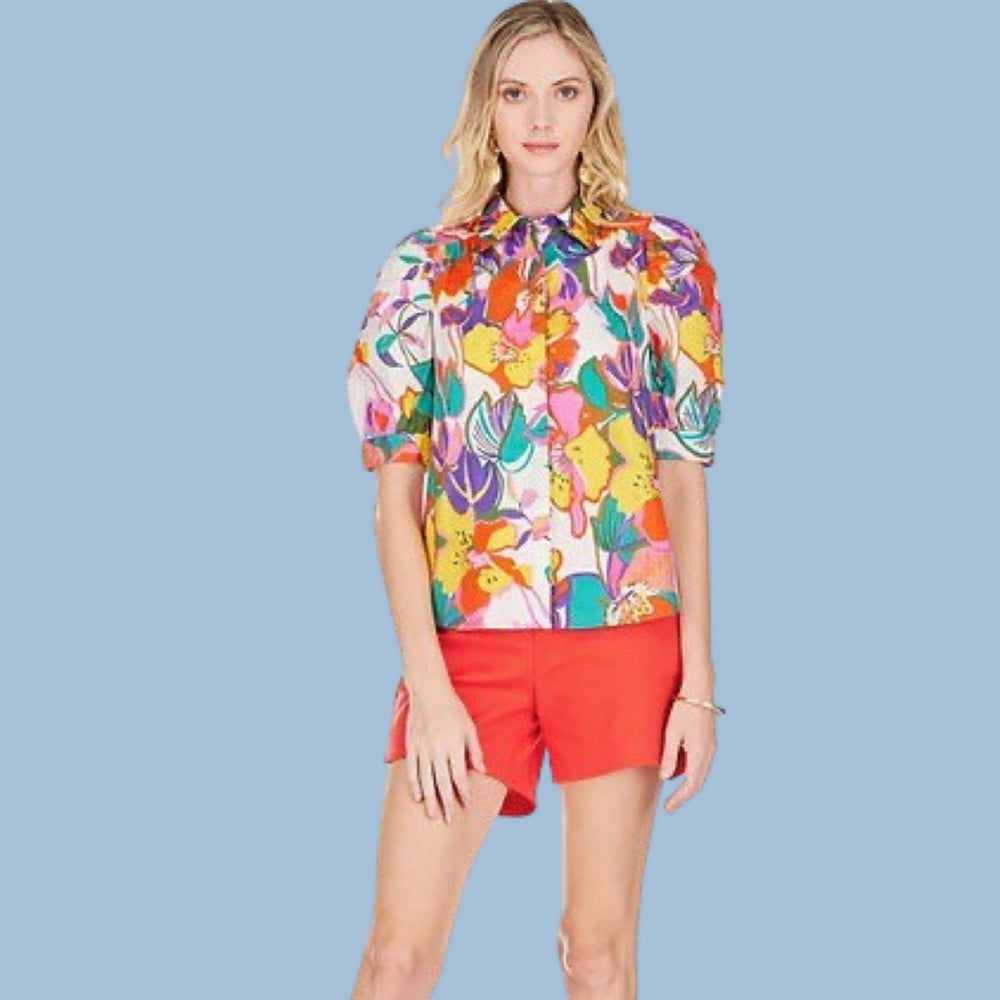 Tropical Floral Puff Sleeve Blouse